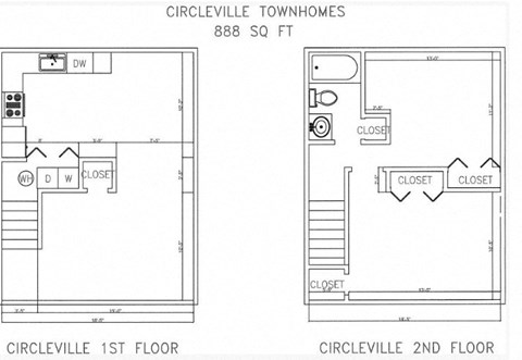 Floor plan for 2 beds, 1 bath, 888 sqft